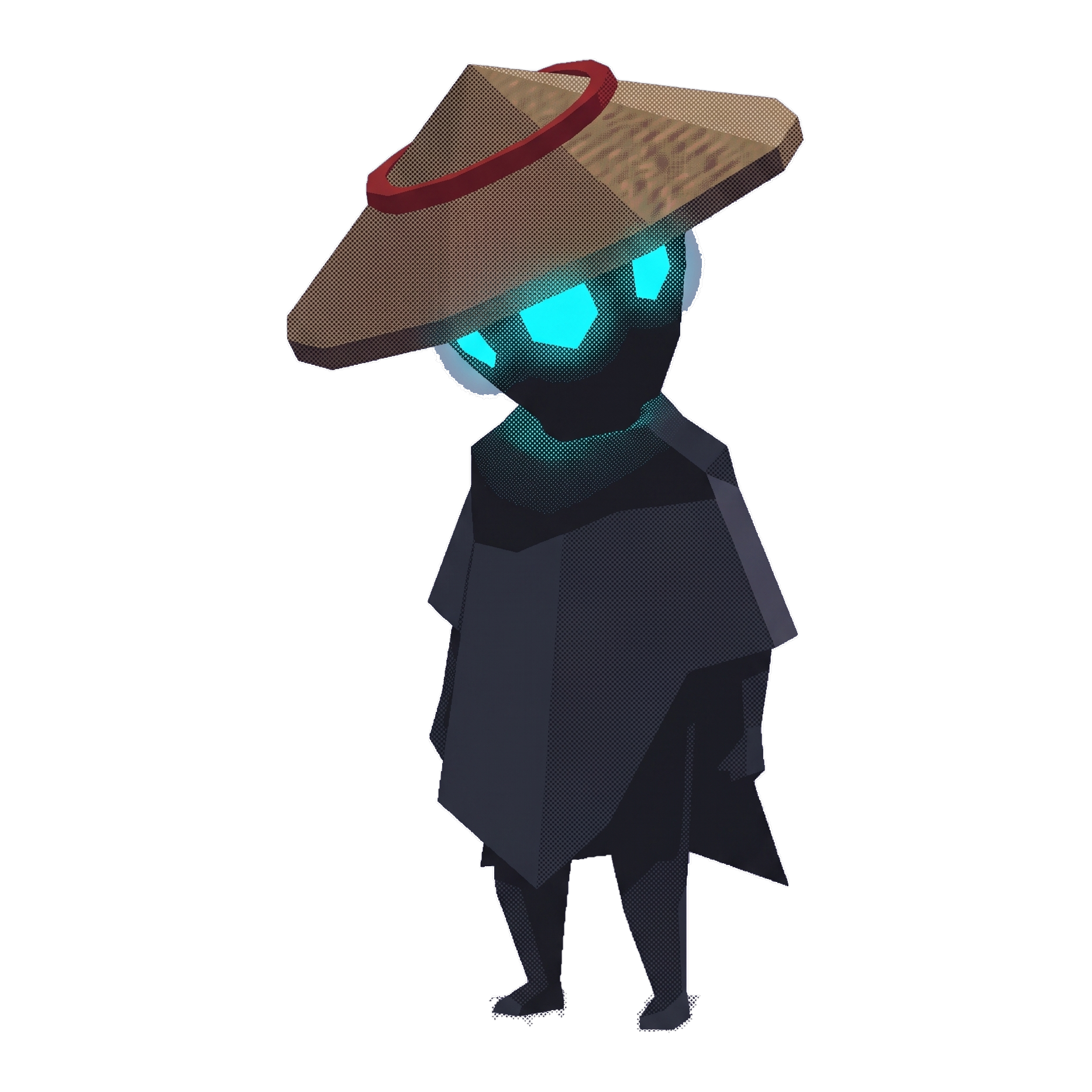 Ronin: a small low-poly wanderer with a straw hat and glowing cyan eyes