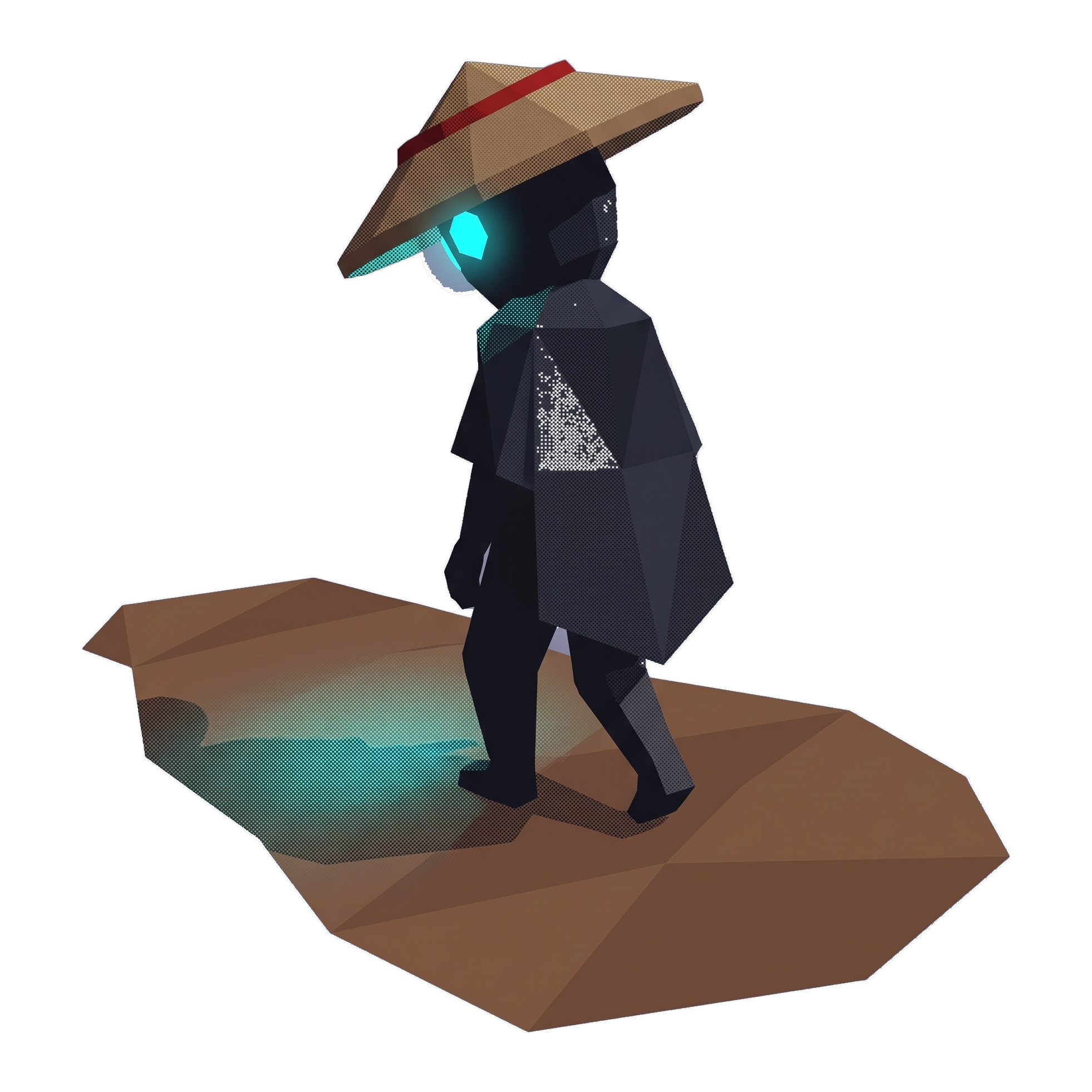 Ronin walking a clay path with a cyan glow at its feet