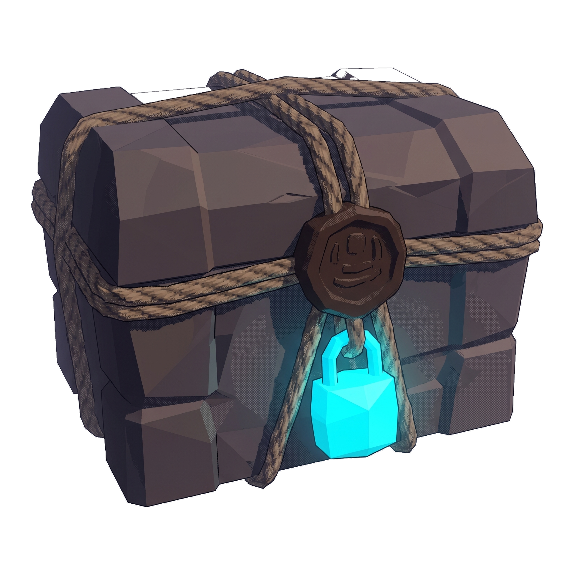A stone chest bound in rope with a wax seal and a glowing cyan lock